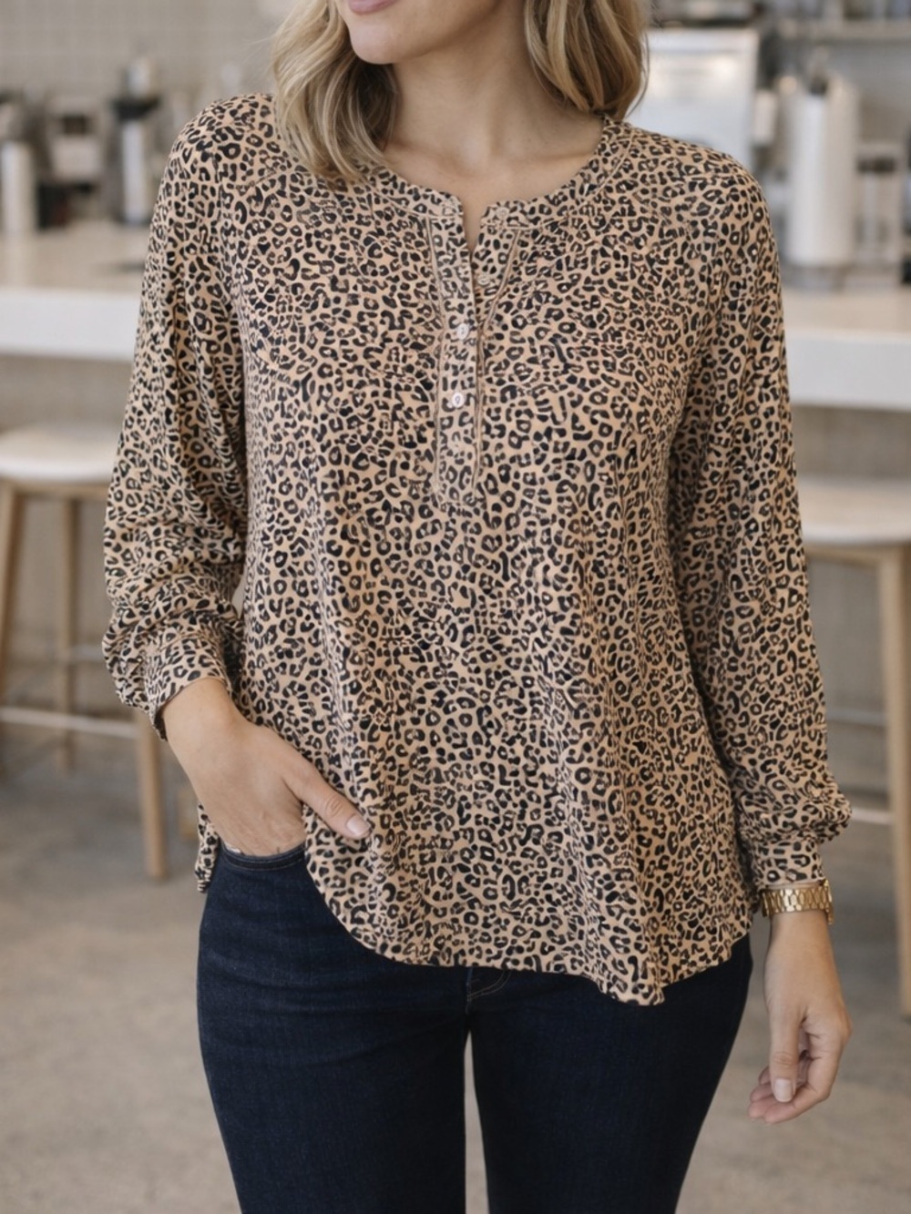 Crown & Ivy Leopard Print Lace Trim Henley Blouse Long Sleeve Size L NWT
